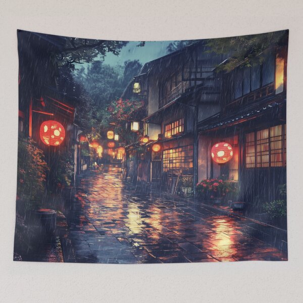 Item preview, Kyoto Rainy Night Street with Warm Lantern Lights and Reflections designed and sold by Whimsical Wayfarer.