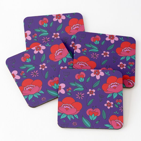 Item preview, Whimsical Bright floral hand drawn pattern | Maximalist Retro Vibes | Red, pink, purple and green flower art designed and sold by LibrarianLauren.