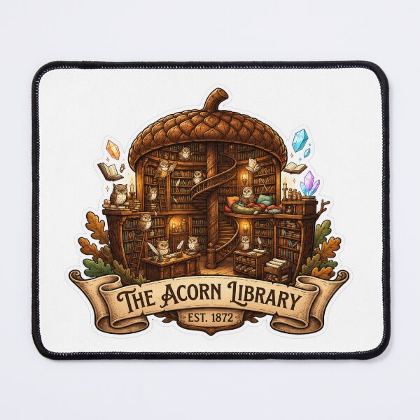 Item preview, The Acorn Library | Owl Woodland Library | Cozy Forest Bookshop | Cottagecore Reading Nook | Whimsical Owl Librarians | Storybook Sticker designed and sold by MrDev.