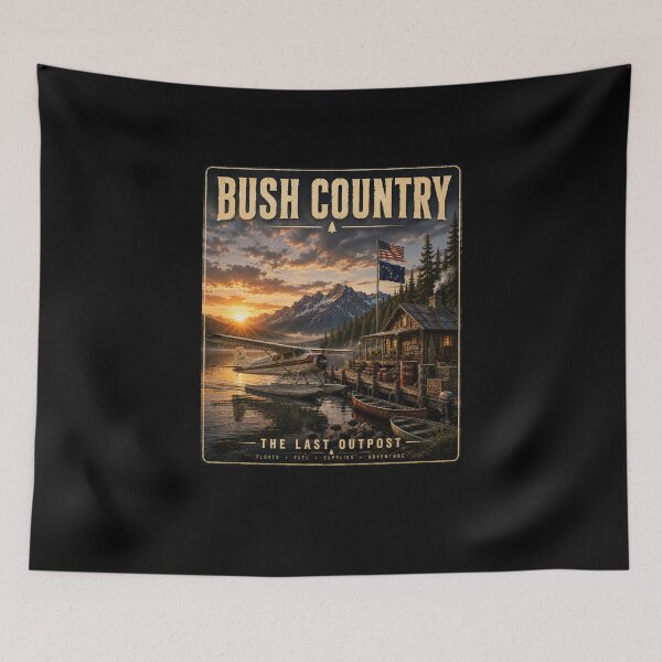 Item preview, Bush Country: The Last Outpost | Vintage Floatplane & Alaskan Cabin Poster designed and sold by Swanny's Custom T-shirt and Gift Designs.