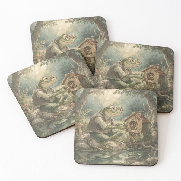 Item preview, Frog Clockmaker Winding a Tiny Lily-Pad Clock Cottagecore Art designed and sold by PictorialWhimsy.