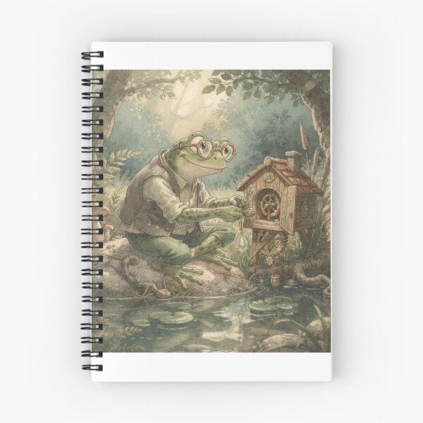 Item preview, Frog Clockmaker Winding a Tiny Lily-Pad Clock Cottagecore Art designed and sold by PictorialWhimsy.