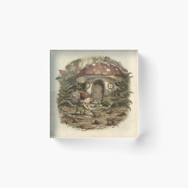 Item preview, Acorn-Cap Sprite Sweeping a Toadstool Doorstep Storybook Art designed and sold by PictorialWhimsy.