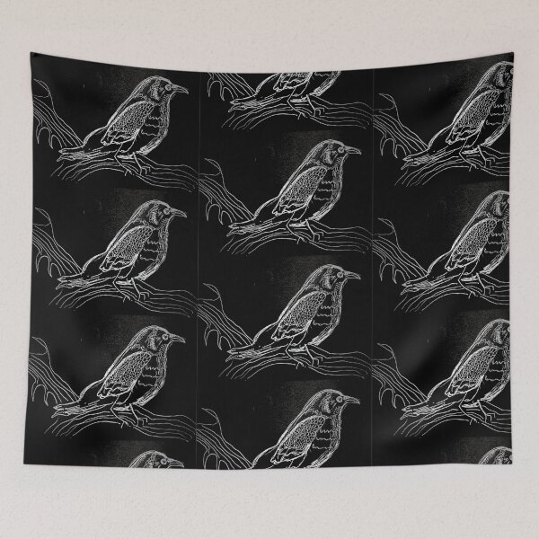 Item preview, Line drawing of crow on branch designed and sold by 8bitblackcat.
