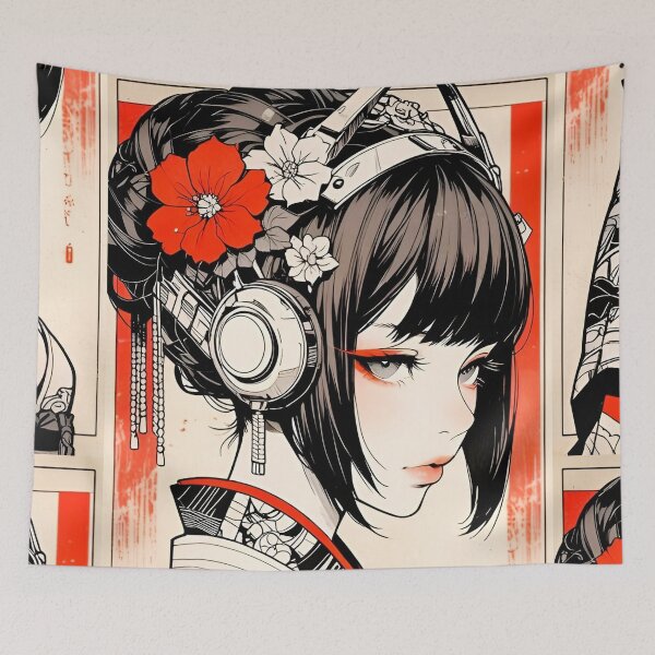 Item preview, Cyber Geisha Headphones | Japanese Futuristic Anime Girl | Neo Tokyo Floral Portrait | Cyberpunk Ink Illustration designed and sold by Dyan4.