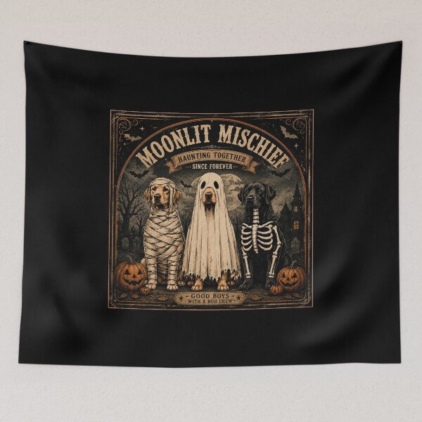 Item preview, Moonlit Mischief Halloween Dogs | Vintage Ghost Mummy Skeleton Labrador Halloween Art designed and sold by Spyshirt.