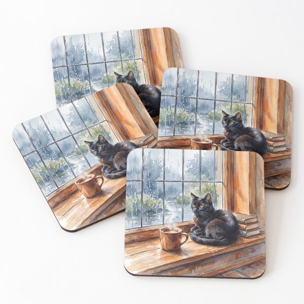 Item preview, Cozy Rainy Day Black Cat On Window Watercolor Aesthetic designed and sold by Monyahahaha.