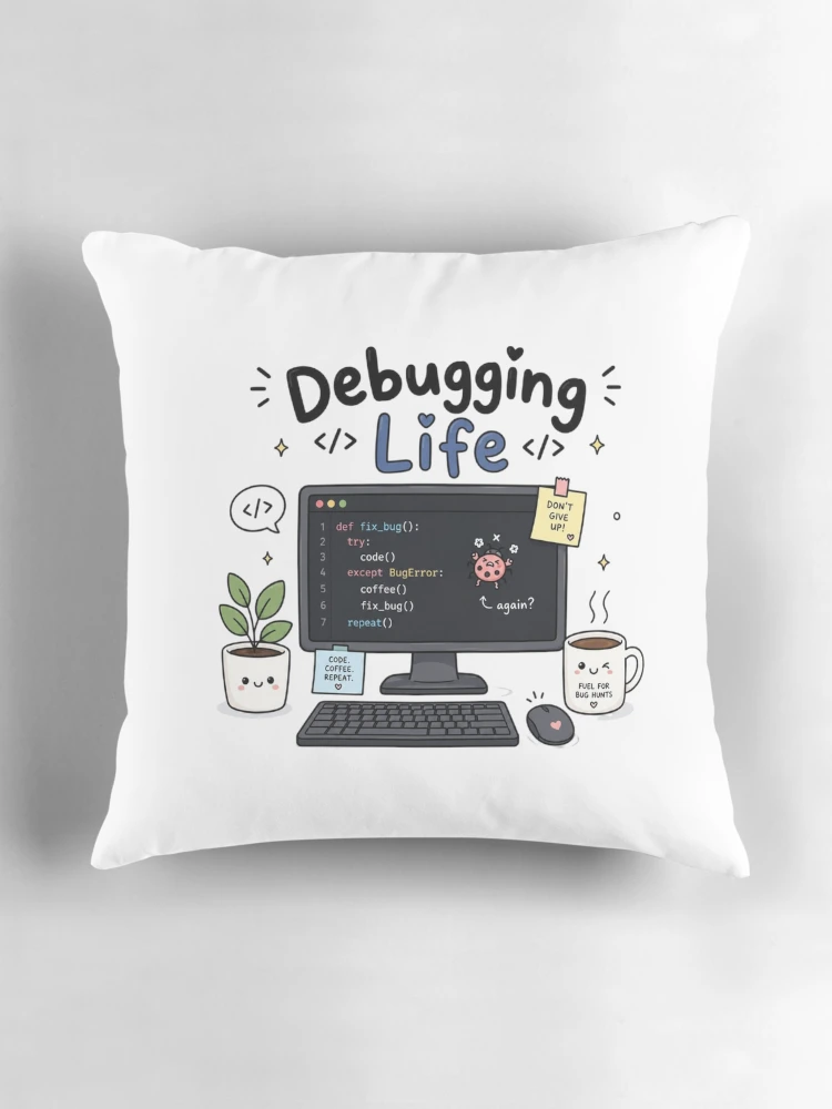 Thumbnail 3 of 4, Pillow, Debugging Life Cute Coding Computer Programmer Sticker | Kawaii Developer Desk | Coding Humor Gift designed and sold by Sanika arts .