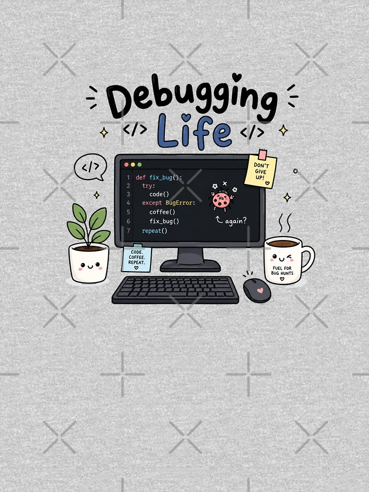 Thumbnail 4 of 4, V-Neck T-Shirt, Debugging Life Cute Coding Computer Programmer Sticker | Kawaii Developer Desk | Coding Humor Gift designed and sold by Sanika arts .