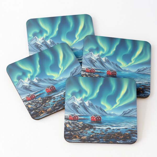Item preview, Northern Lights Over Red Cabins Fjord – Aurora Borealis Mountain Landscape Art designed and sold by EllDAV777.