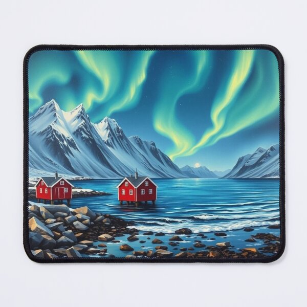 Item preview, Northern Lights Over Red Cabins Fjord – Aurora Borealis Mountain Landscape Art designed and sold by EllDAV777.