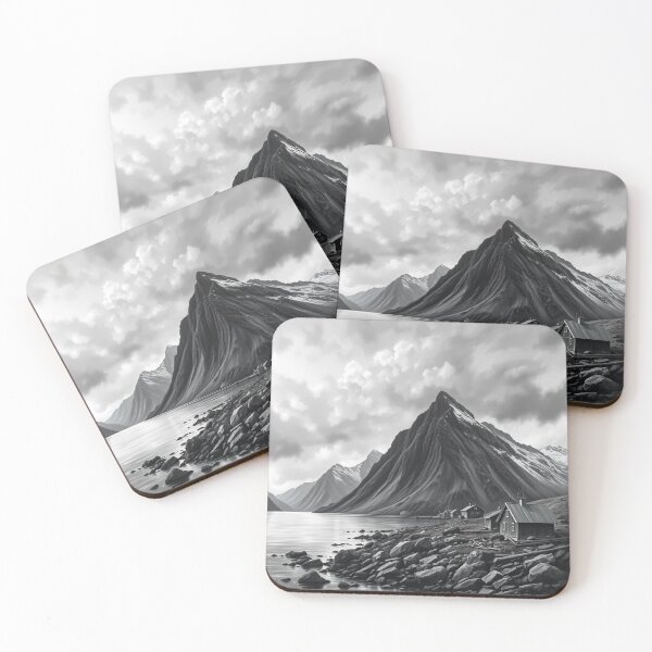 Item preview, Dramatic Black and White Mountain Fjord Landscape with Wooden Cabins and Rocky Shore designed and sold by EllDAV777.