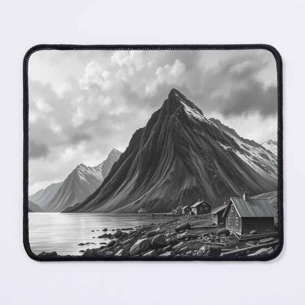 Item preview, Dramatic Black and White Mountain Fjord Landscape with Wooden Cabins and Rocky Shore designed and sold by EllDAV777.
