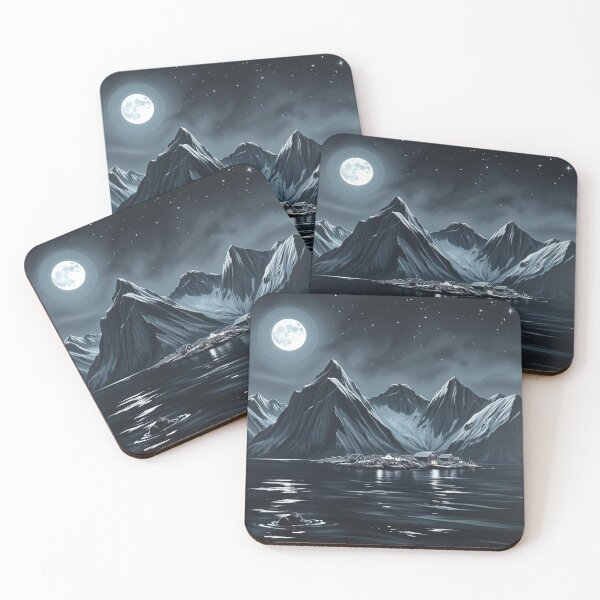 Item preview, Moonlit Mountain Village Nightscape Art Print – Serene Nordic Coastal Landscape Under Full Moon designed and sold by EllDAV777.