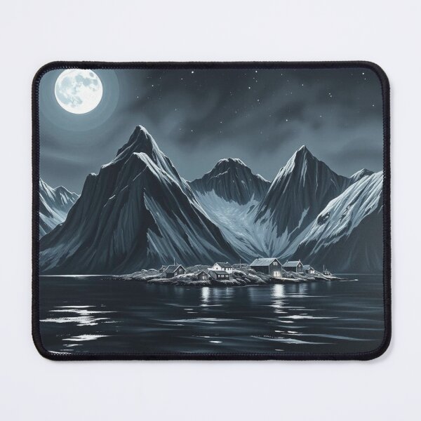 Item preview, Moonlit Mountain Village Nightscape Art Print – Serene Nordic Coastal Landscape Under Full Moon designed and sold by EllDAV777.