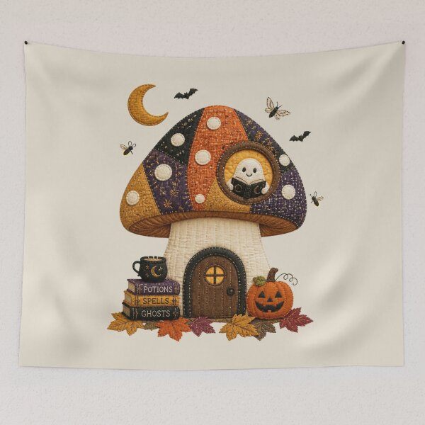 Item preview, Cozy Mushroom House Halloween Patchwork Design designed and sold by Panom Suavichien.