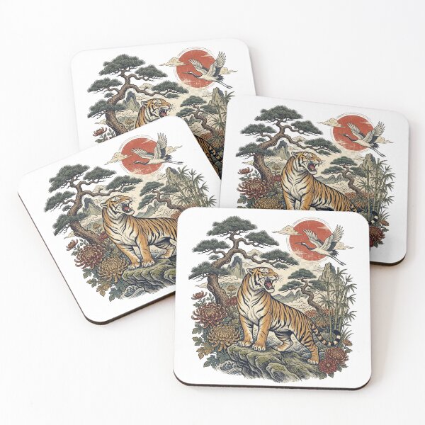 Item preview, Vintage Japanese Tiger and Crane Ukiyo-e Art Print Red Sun Aesthetic Woodblock Illustration designed and sold by raedattia.