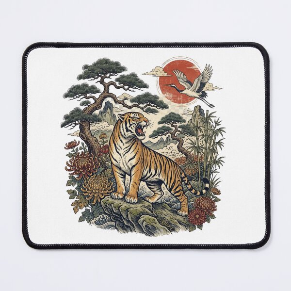 Item preview, Vintage Japanese Tiger and Crane Ukiyo-e Art Print Red Sun Aesthetic Woodblock Illustration designed and sold by raedattia.
