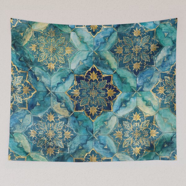 Item preview, Gold Filigree Moroccan Tile Aqua Mandala Pattern designed and sold by GrinGalore.