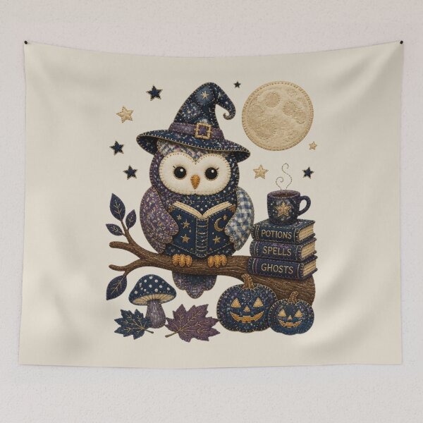 Item preview, Midnight Owl Reading Patchwork Halloween Design designed and sold by Panom Suavichien.