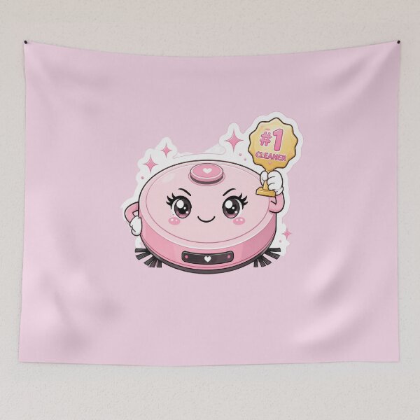 Item preview, Cute Pink Robot Vacuum Holding #1 Cleaner Trophy Cartoon designed and sold by OksArtStudio.