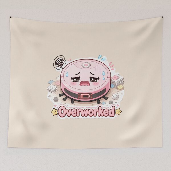 Item preview, Overworked Pink Robot Vacuum Cartoon with Low Battery designed and sold by OksArtStudio.
