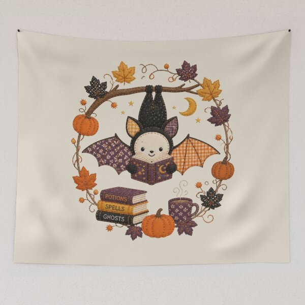 Item preview, Upside Down Bat Reading Patchwork Halloween Wreath designed and sold by Panom Suavichien.