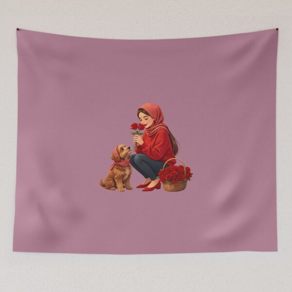 Item preview, Woman with Red Roses and Matching Fluffy Dog designed and sold by Bondingbonding.
