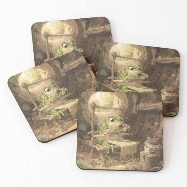 Item preview, Frog Weaver at a Tiny Reed Loom Cottagecore Art designed and sold by PictorialWhimsy.