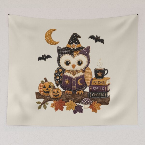 Item preview, Cozy Reading Owl Patchwork Halloween Design designed and sold by Panom Suavichien.