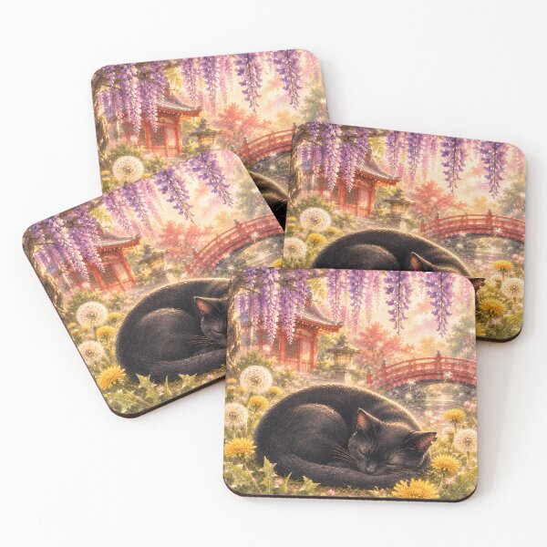 Item preview, Sleeping Black Cat in Wisteria Garden designed and sold by solace-garden.