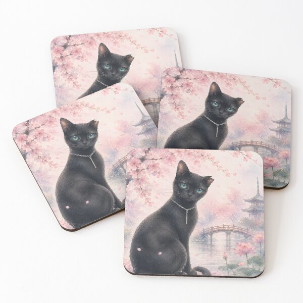 Item preview, Black Cat Beneath Cherry Blossoms – Peaceful Japanese Watercolor Art designed and sold by solace-garden.