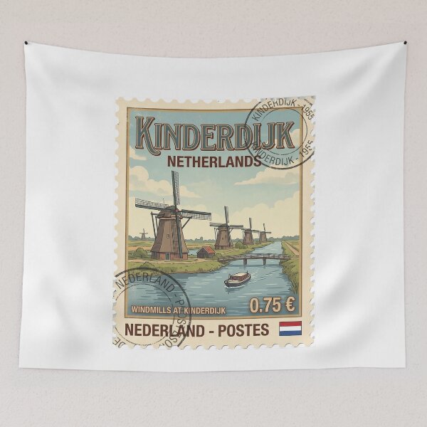 Item preview, Vintage Kinderdijk Netherlands Windmills Travel Stamp designed and sold by k3rstman1.
