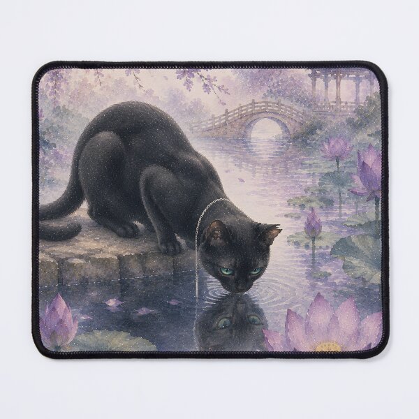 Item preview, Black Cat Reflected Among Lotus Blossoms – Peaceful Japanese Watercolor Art designed and sold by solace-garden.