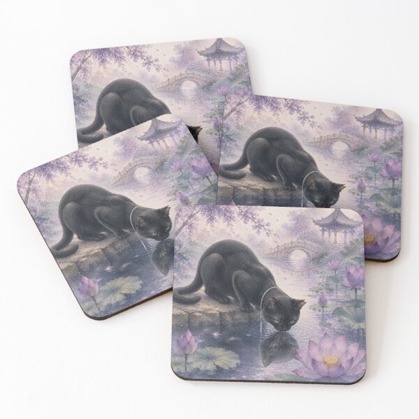 Item preview, Black Cat Reflected Among Lotus Blossoms – Peaceful Japanese Watercolor Art designed and sold by solace-garden.