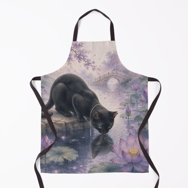 Item preview, Black Cat Reflected Among Lotus Blossoms – Peaceful Japanese Watercolor Art designed and sold by solace-garden.