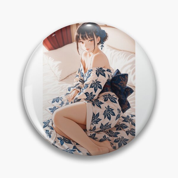 Item preview, Anime Girl in Blue Leaf Pattern Kimono on Bed designed and sold by JapaneseArtAI.