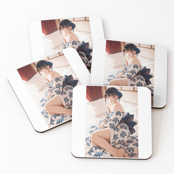 Item preview, Anime Girl in Blue Leaf Pattern Kimono on Bed designed and sold by JapaneseArtAI.