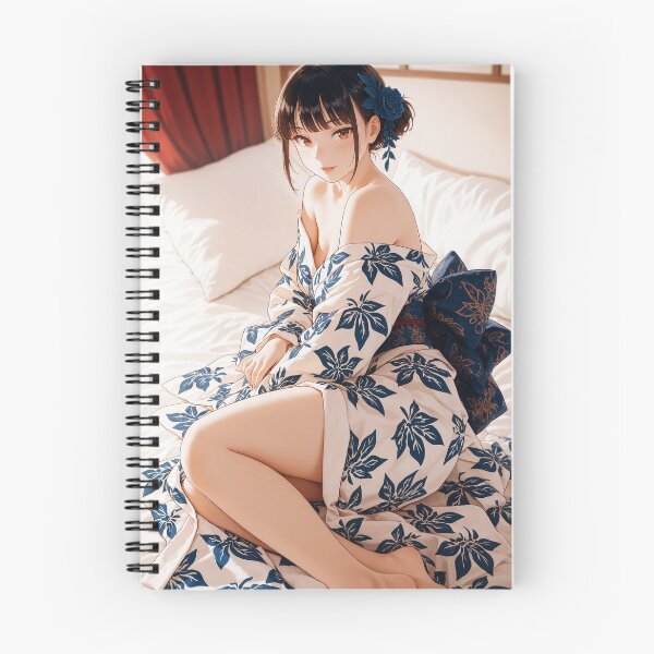 Item preview, Anime Girl in Blue Leaf Pattern Kimono on Bed designed and sold by JapaneseArtAI.