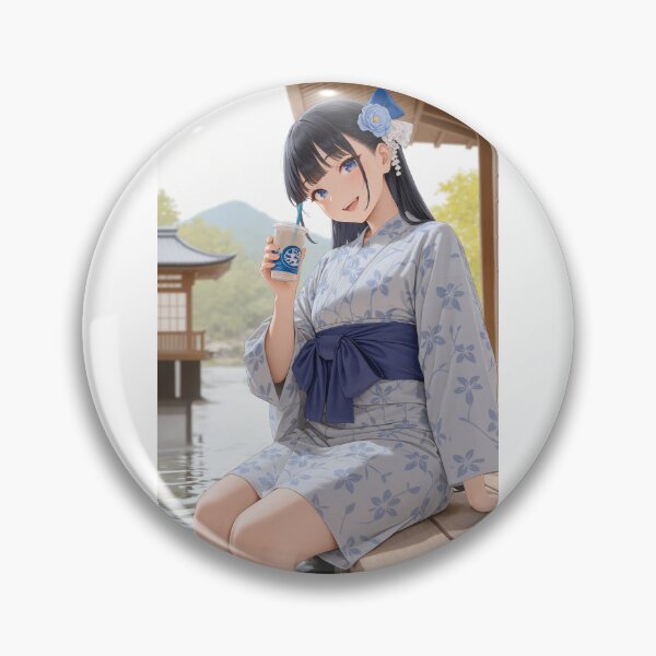 Item preview, Anime Girl in Yukata with Refreshing Drink by the Pavilion designed and sold by JapaneseArtAI.