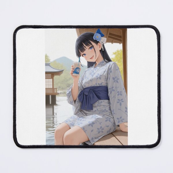 Item preview, Anime Girl in Yukata with Refreshing Drink by the Pavilion designed and sold by JapaneseArtAI.