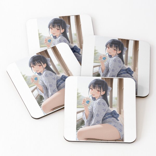 Item preview, Anime Girl in Yukata Relaxing with Drink on Wooden Veranda designed and sold by JapaneseArtAI.