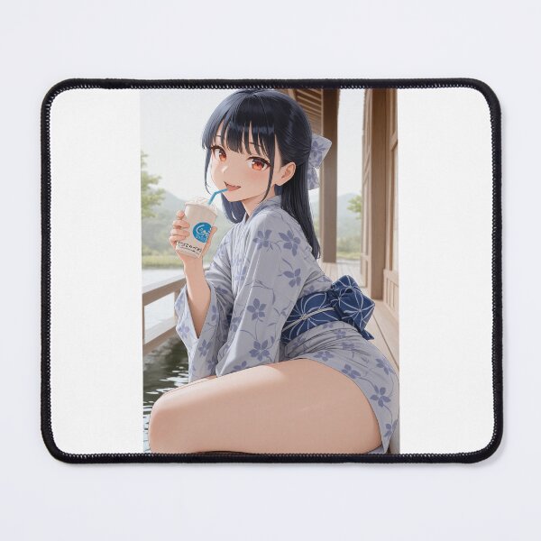 Item preview, Anime Girl in Yukata Relaxing with Drink on Wooden Veranda designed and sold by JapaneseArtAI.