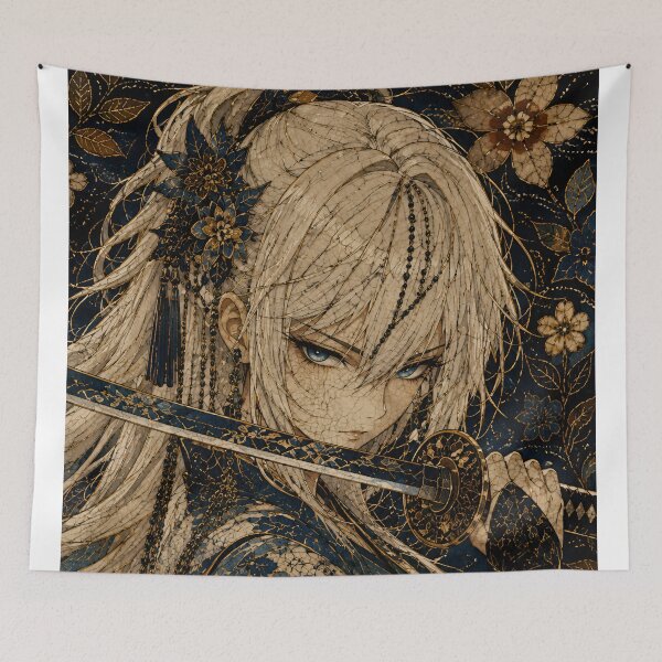 Item preview, Elegant White-Haired Samurai Maiden | Japanese Floral Fantasy Anime Art designed and sold by Dyan4.
