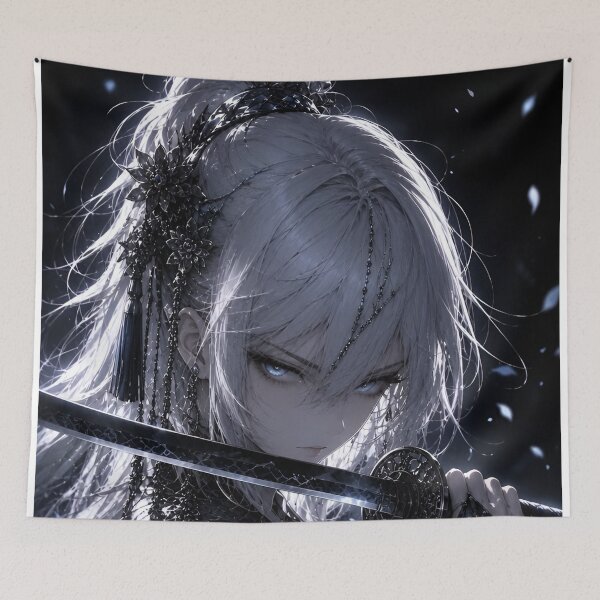 Item preview, Elegant White-Haired Samurai Maiden | Japanese Floral Fantasy Anime Art designed and sold by Dyan4.