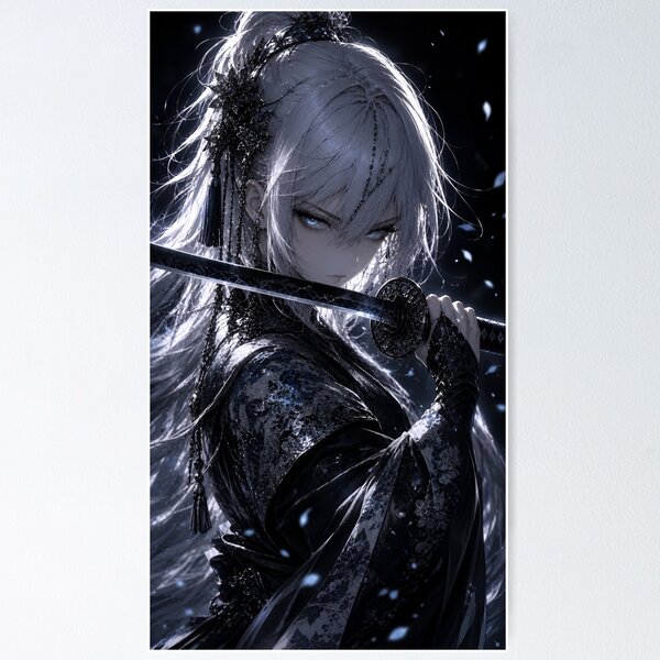 Item preview, Elegant White-Haired Samurai Maiden | Japanese Floral Fantasy Anime Art designed and sold by Dyan4.
