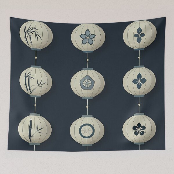 Item preview, Japanese Paper Lanterns Zen Aesthetic - Blue Indigo Seamless Pattern designed and sold by UniqueDesign751.