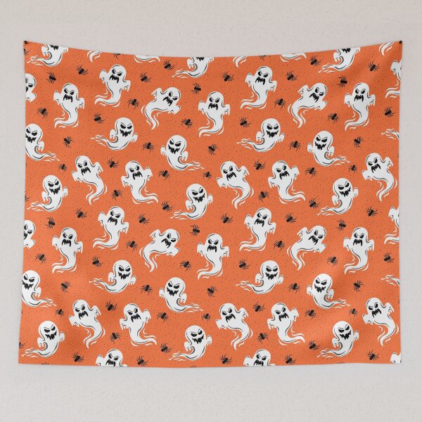 Item preview, Spooky Ghost & Spider Seamless Pattern | Cute Halloween Orange Background Design designed and sold by romyca creation_22.