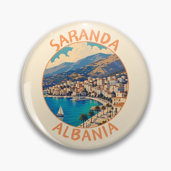 Artikelvorschau, Saranda (Sarandë) in Albanien, Retro Travel Art Circle Emblem entworfen und verkauft von MaateoDesign.