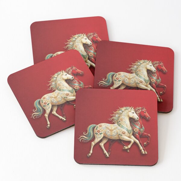 Item preview, Stylized Horses Galloping on Crimson Background in Gold Accents designed and sold by Lucia Amaris Art.